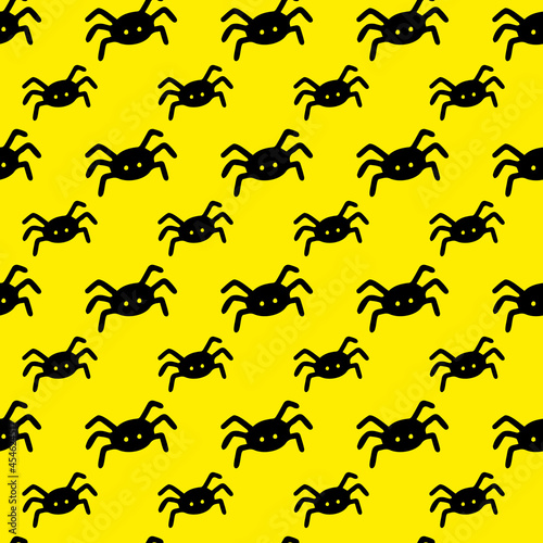 Vector halloween seamless pattern spider logo clipart isolated on yellow background. Funny, cute illustration for seasonal design, textile, decoration kids playroom or greeting card. Hand drawn art.