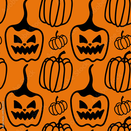 Vector halloween seamless pattern pumpkins clipart on the orange. Funny, cute illustration for seasonal design, textile, decoration kids playroom or greeting card. Hand drawn prints and doodle.