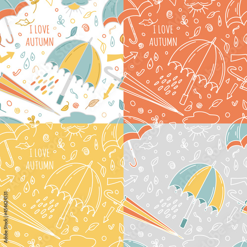 Umbrella seamless pattern set with colorful leaves and wording on background for autumn greeting cards, banner, textile, packaging. Flat vector illustration.