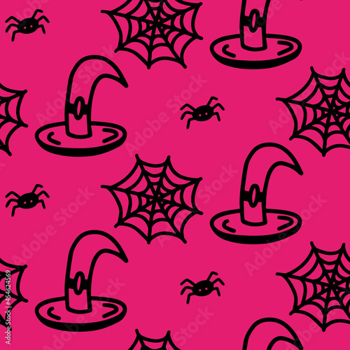 Vector halloween seamless pattern of witch hat, spider, cobweb. Funny, cute illustration for seasonal design, textile, decoration kids playroom or greeting card. Hand drawn prints and doodle.