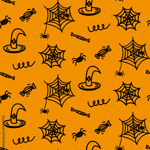 Vector halloween seamless pattern of witch hat, spider, cobweb, curls, candy. Cute illustration for seasonal design, textile, decoration kids playroom or greeting card. Hand drawn prints and doodle.