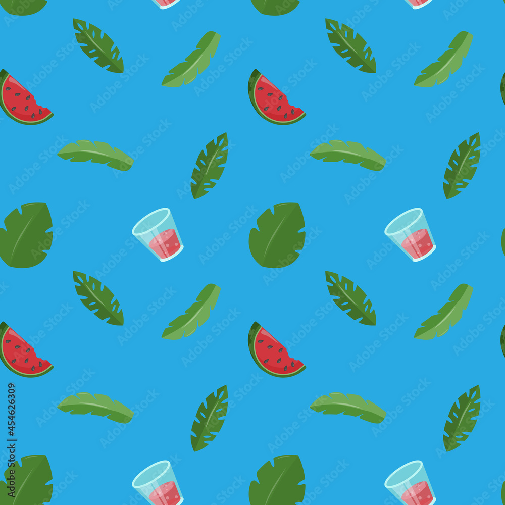 Seamless pattern with watermelon, green leaves and fresh juice in glass. Vector illustration isolated on blue background. Endless backdrop for printing on textile, stationery. Seamless pattern with watermelon, green leaves and fresh juice in glass. Vector illustration isolated on blue background. Endless backdrop for printing on textile, stationery.