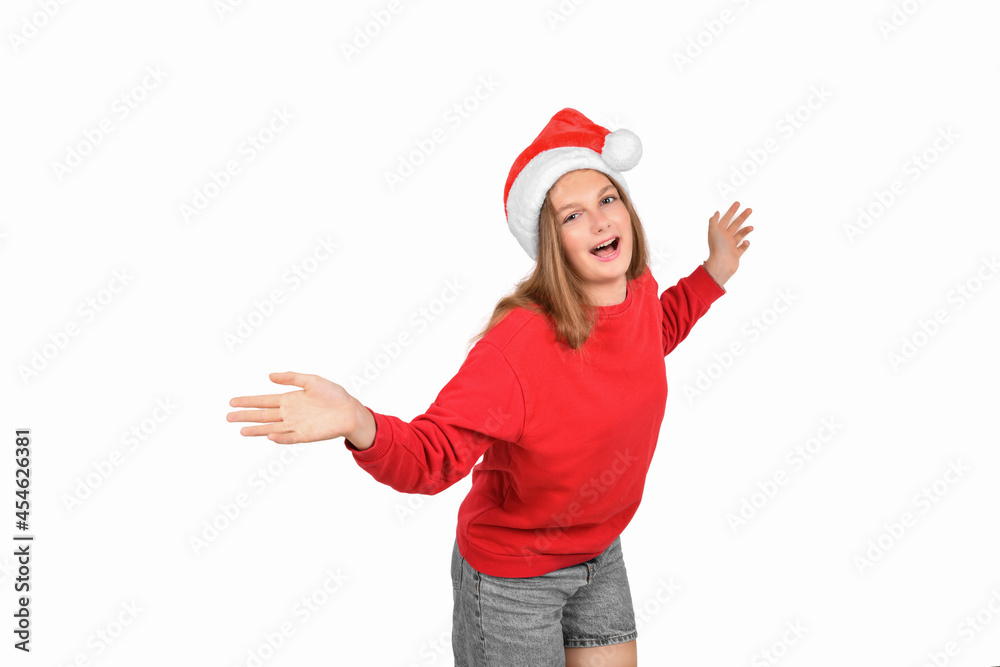Portrait of crazy cool cheerful positive optimistic pretty woman in casual red sweater and santa hat isolated on white background. Christmas emotion: joy, surprised, christmas sale banner Portrait of crazy cool cheerful positive optimistic pretty woman in casual red sweater and santa hat isolated on white background. Christmas emotion: joy, surprised, christmas sale banner