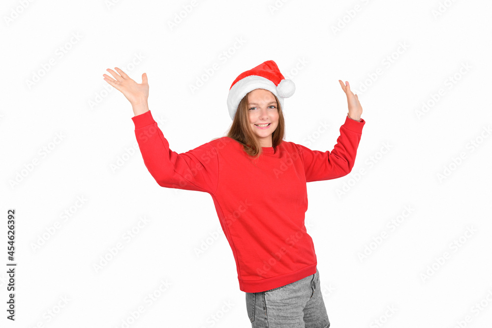 Portrait of crazy cool cheerful positive optimistic pretty woman in casual red sweater and santa hat isolated on white background. Christmas emotion: joy, surprised, christmas sale banner Portrait of crazy cool cheerful positive optimistic pretty woman in casual red sweater and santa hat isolated on white background. Christmas emotion: joy, surprised, christmas sale banner