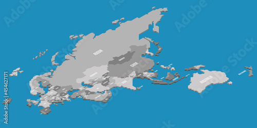 Isometric political map of Eurasia and Australia. Grey land with country name labels on blue sea and ocean background. 3D vector illustration photo