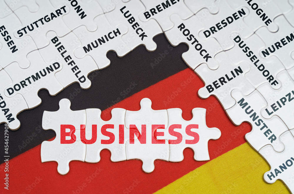 On the flag of Germany there are puzzles with the names of cities and puzzles with the inscription - Business