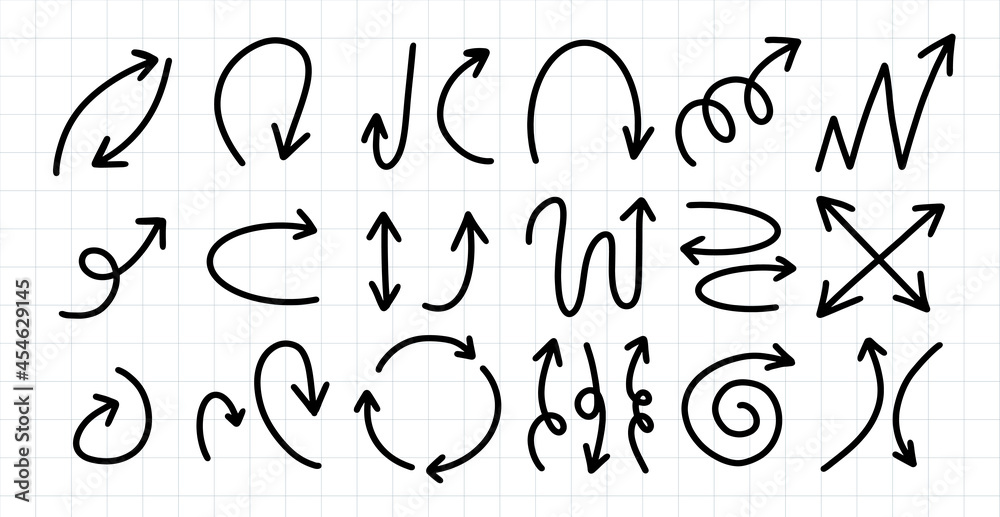 Set of different hand drawn arrows on graph paper background. Set of different hand drawn arrows on graph paper background.