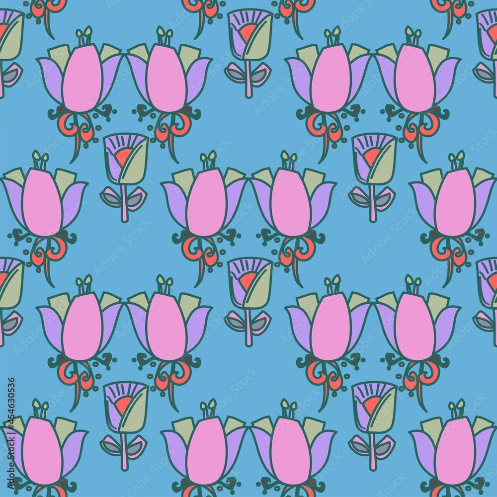 Pink And Blue Vector Floral Repeat Pattern