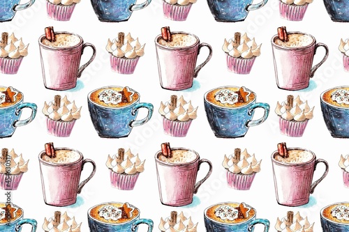 Seamless pattern whis pink coffee cup and cookies for wrapping paper and fabric design. Watercolor hand painted illustration