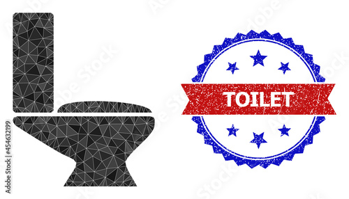 Low-poly toilet polygonal symbol illustration, and grunge bicolor rosette stamp imprint, in red and blue colors. Collage toilet created with chaotic colored triangles.