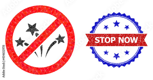 Lowpoly stop fireworks polygonal 2d illustration, and grunge bicolor rosette stamp, in red and blue colors. Collage stop fireworks created of chaotic filled triangles.