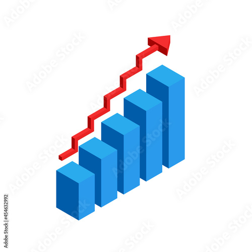 Three Dimensional Bar Chart. Isometric infographics to display progress. Vector 3d illustration isolated on white background.