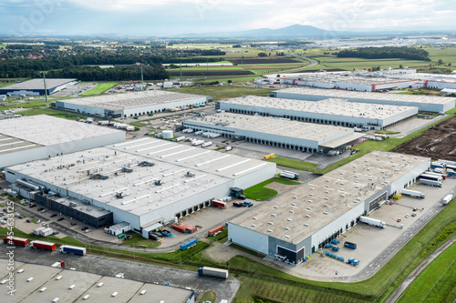 Aerial view of a warehouse or industrial plant or logistics center from above. View from above