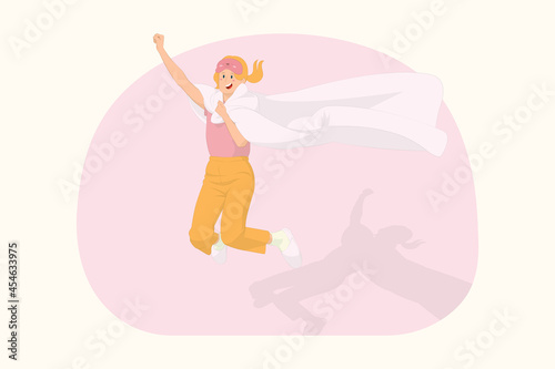 Young happy woman relaxing at home jump high fly gesture wrap in blanket duvet concept