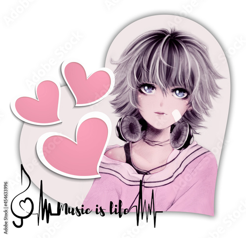 Cute anime girl with headphones  Music is life