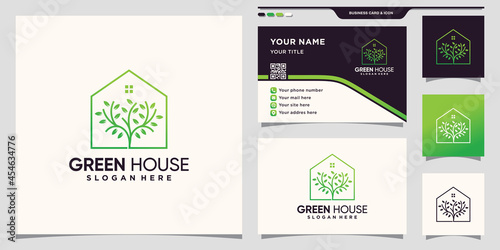 Green house and tree logo with creative concept and business card design Premium Vector