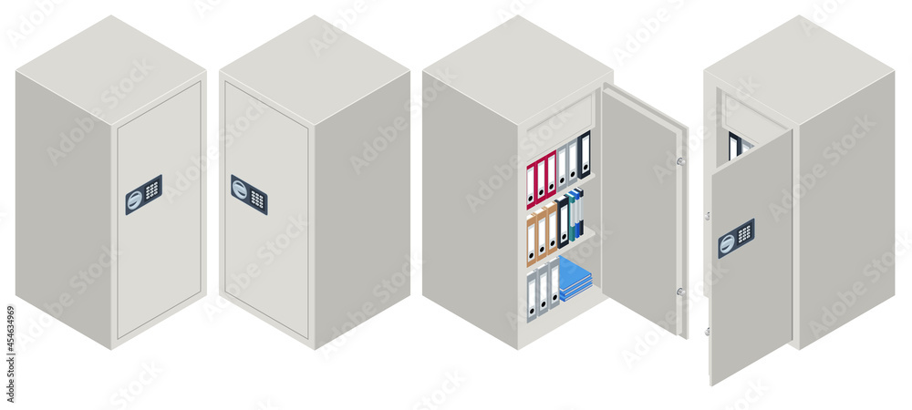 Isometric Set of Security Metal Safes Isolated on White Background. Safe and Financial Security. Metal Cash Box Money Bank Deposit Steel Tin Security Safe Lockable. Isometric Set of Security Metal Safes Isolated on White Background. Safe and Financial Security. Metal Cash Box Money Bank Deposit Steel Tin Security Safe Lockable.