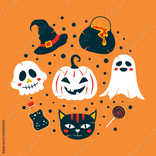 halloween greeting card with cute cartoon elements