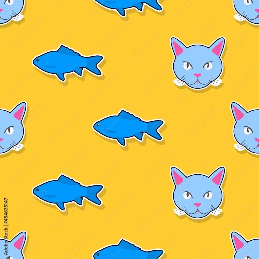 Naklejka premium Cat and fish seamless pattern. Vector illustration.