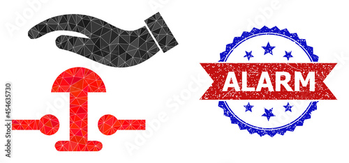 Low-poly press alarm button polygonal 2d illustration, and grunge bicolor rosette stamp, in red and blue colors. Mosaic press alarm button is designed from randomized color triangles.