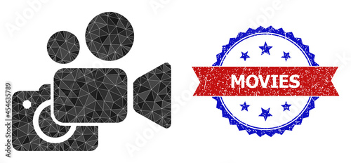 Lowpoly photo and video cameras polygonal 2d illustration, and grunge bicolor rosette seal stamp, in red and blue colors. Collage photo and video cameras is created of chaotic filled triangles.