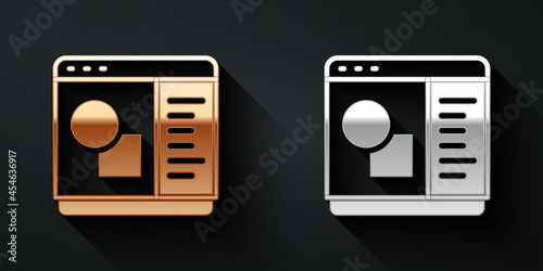Gold and silver 3D printer software icon isolated on black background. 3d printing. Long shadow style. Vector