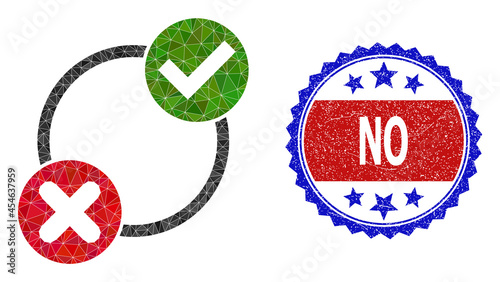 Lowpoly yes no variants polygonal icon illustration, and grunge bicolor rosette stamp, in red and blue colors. Collage yes no variants is created with scattered color triangles.