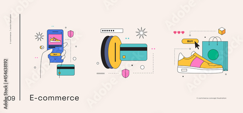 Electronic commerce. Set of illustrations on the topic of online shopping, ordering goods through a mobile application, payment by card, delivery. Online shopping. Vector illustration in flat style.