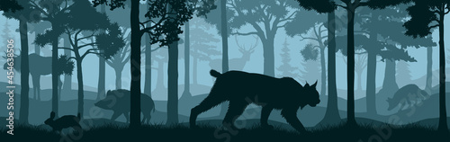 vector forest woodland background texture seamless pattern with lynx,  wild hog boar, rabbit, deer, fox and moose