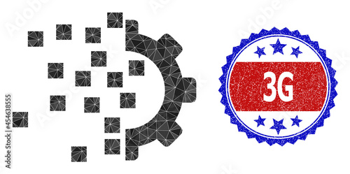 Lowpoly gear compilation polygonal icon illustration, and grunge bicolor rosette watermark, in red and blue colors. Mosaic gear compilation is designed of random colored triangles.