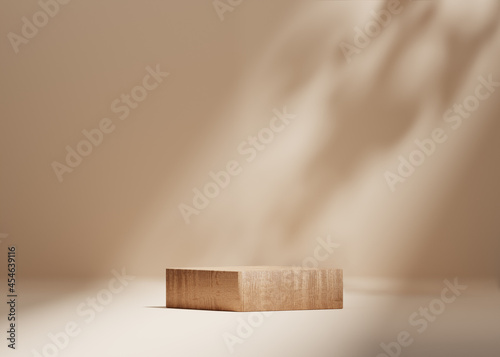 Fototapeta Naklejka Na Ścianę i Meble -  3D background, wood podium display . Natural nude, beige banner backdrop with shadow. Product promotion Beauty cosmetic, nature wooden stand. Studio empty Minimal 3D render 

