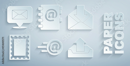 Set Mail and e-mail, Envelope, Postal stamp, Upload inbox, Address book and Speech bubble with envelope icon. Vector