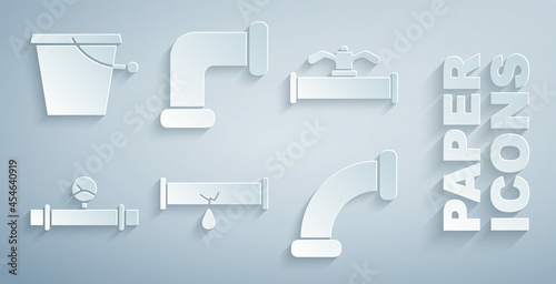 Set Broken pipe with leaking water, Industry and valve, manometer, metallic, and Bucket icon. Vector