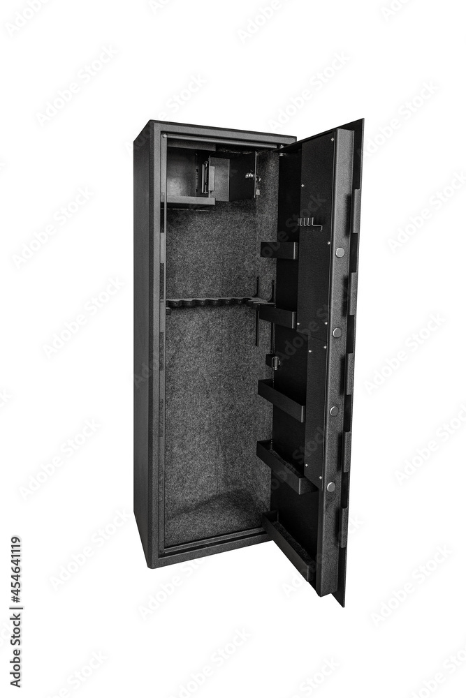 A metal gun safe. Safe storage for weapons. Isolate on a white back A metal gun safe. Safe storage for weapons. Isolate on a white back