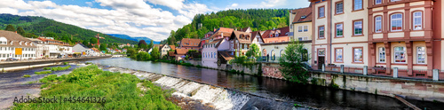 Panoramic view of river Murg an buildings in Gernbach, Black Forest, Germany