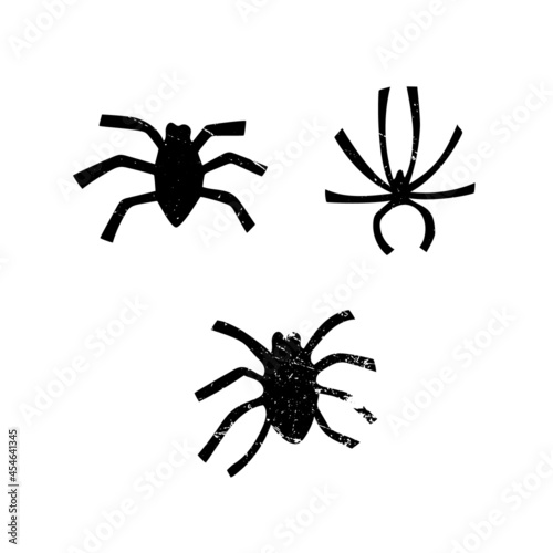 Vector image of three spiders in retro style. Halloween. Illustration. Hand drawing. Black on a white background. Scuff texture. Grunge
