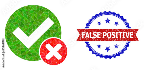 Lowpoly false positive polygonal symbol illustration, and grunge bicolor rosette watermark, in red and blue colors. Collage false positive is formed from chaotic colored triangles.