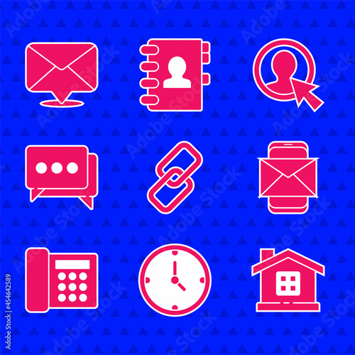 Set Chain link, Clock, House, Mobile and envelope, Telephone, Speech bubble chat, Create account screen and Envelope icon. Vector