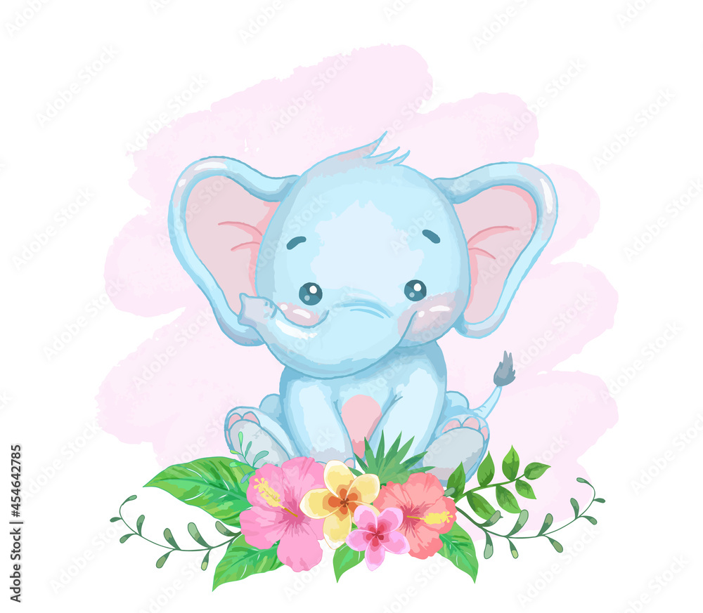 elephant with flowers.  watercolor painting. vector illustration.