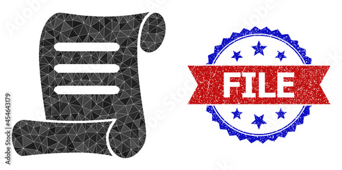 Low-poly document roll polygonal icon illustration, and grunge bicolor rosette stamp, in red and blue colors. Collage document roll is designed of randomized color triangles.