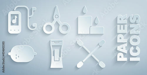 Set Bottle of shampoo, Burning candle, Lemon, Cotton swab for ears, Scissors and Music player icon. Vector