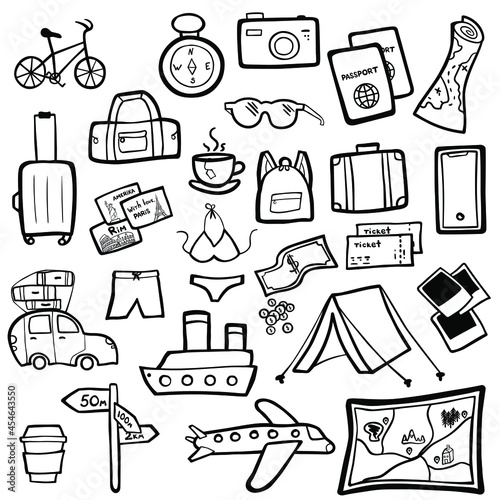 World Tourism Day. Set of icons in the doodle style on the theme of travel