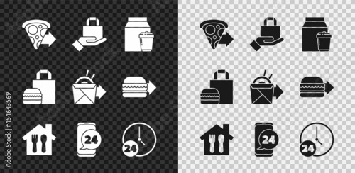 Set Online ordering pizza delivery, and, Food, Clock 24 hours, burger and noodles icon. Vector