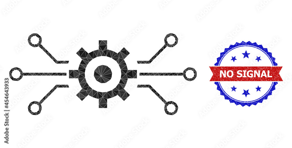 Lowpoly electronic machinery polygonal icon illustration, and grunge bicolor rosette stamp, in red and blue colors. Mosaic electronic machinery formed of randomized color triangles.