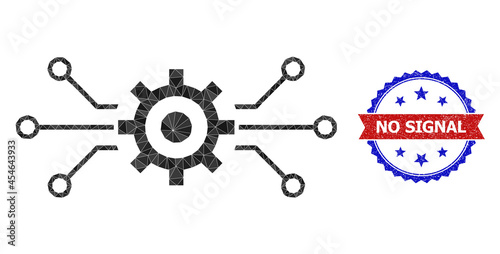 Lowpoly electronic machinery polygonal icon illustration  and grunge bicolor rosette stamp  in red and blue colors. Mosaic electronic machinery formed of randomized color triangles.