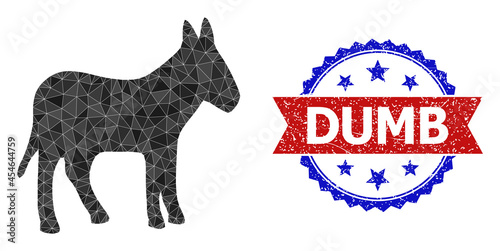 Low-poly donkey polygonal icon illustration, and grunge bicolor rosette seal stamp, in red and blue colors. Collage donkey is formed from chaotic filled triangles.