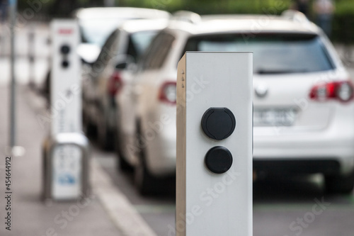 Selective blur on an electric car charging station used to fill with electricity electrical vehicles, mainly cars, in Ljubljana, slovenia, abiding by European electricity standards...