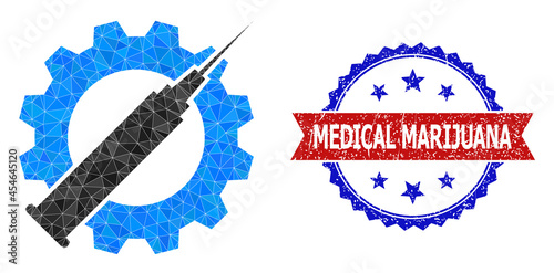 Low-poly vaccine industry polygonal icon illustration, and grunge bicolor rosette seal, in red and blue colors. Mosaic vaccine industry formed from random color triangles.