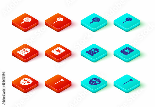 Set Hockey mask, Magic wand, Tombstone with RIP written, Ancient magic book, Lollipop and icon. Vector