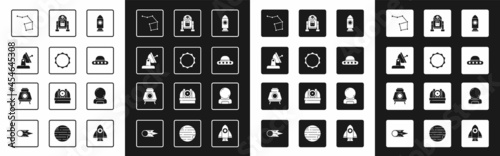 Set Rocket ship, Sun, Satellite dish, Great Bear constellation, UFO flying spaceship, Robot, Astronaut helmet and Mars rover icon. Vector